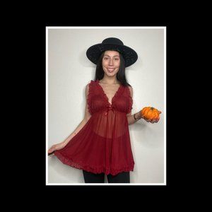 VINTAGE BABYDOLL BURGUNDY RUFFLE LINGERIE SPAGHETTI STRAP TANK TOP